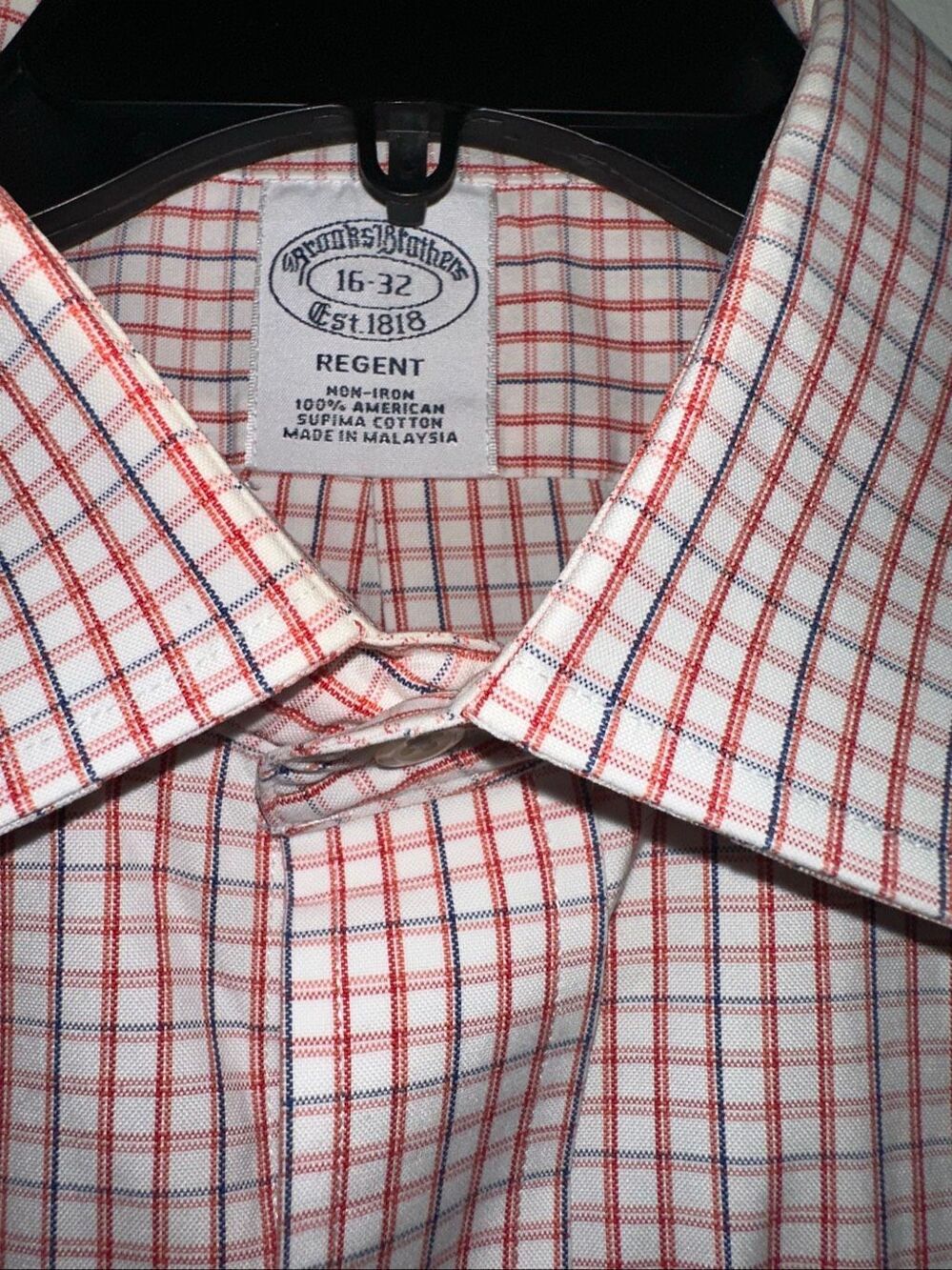 Brooks Brothers Men's Shirt 16 32 Regent Dress Non Iron Red blue Check Supima Co